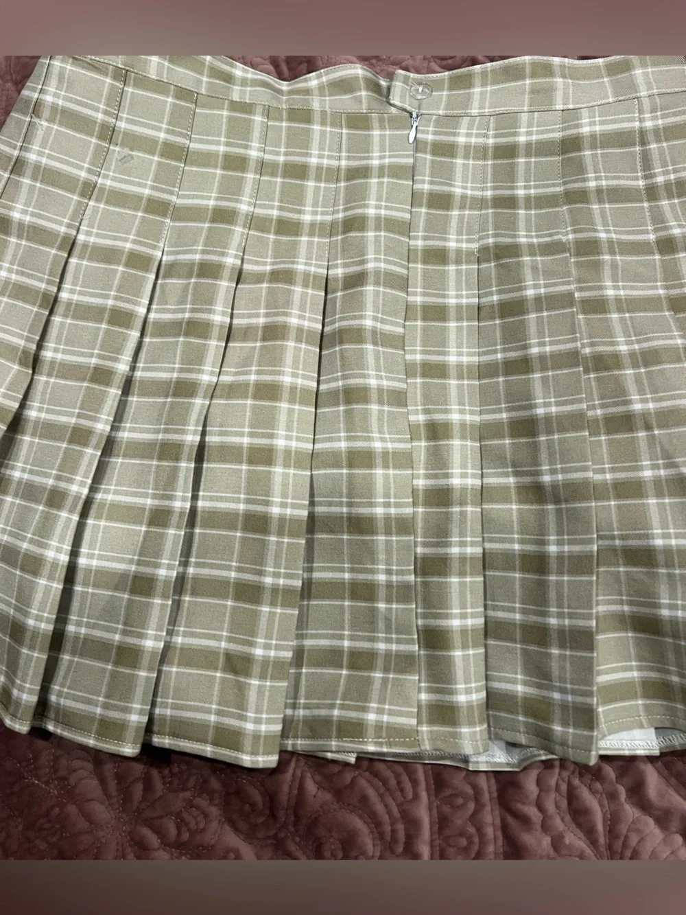 Pleated Mini Skirt in Light Olive Plaid